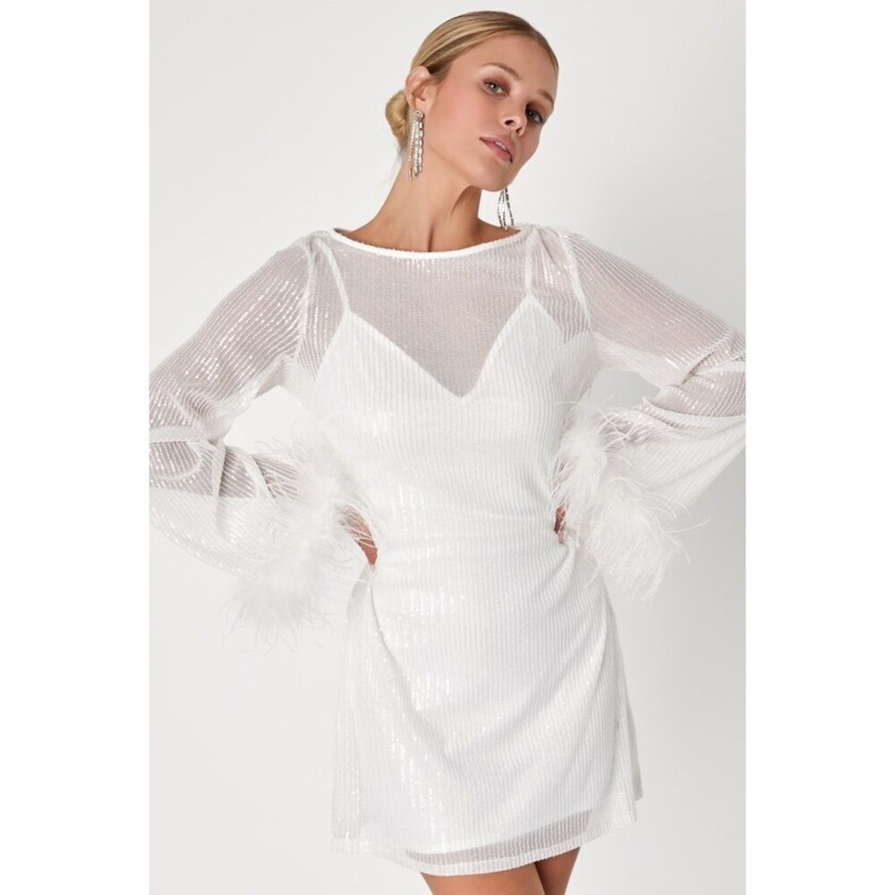 Lulus Marvelous Energy White Sequin Mesh Long Sleeve Mini Dress - Size M